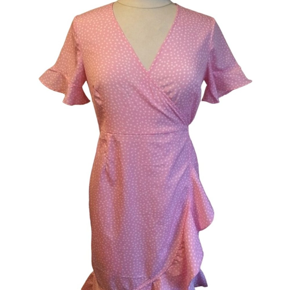 Vero Moda Pink Polka Dot Frill Bottom Wrap Dress, Size XS